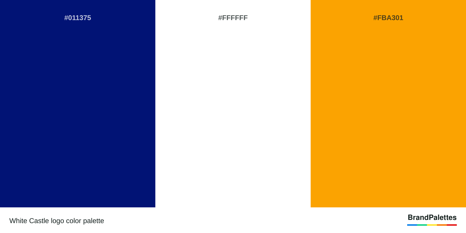 White Castle color palette with Navy #011375, White #FFFFFF, Yellow #FBA301