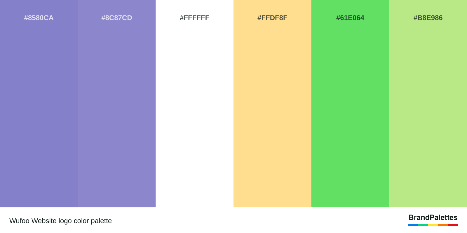 Wufoo Website color palette with Ube #8580CA, Ube #8C87CD, White #FFFFFF, Flavescent #FFDF8F, Pastel Green #61E064, Crayola Yellow-Green #B8E986