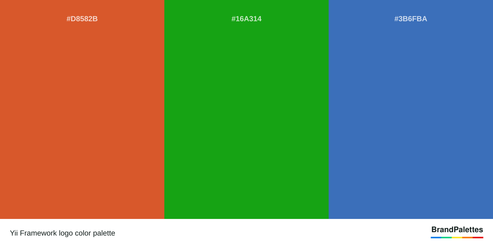 Yii Framework color palette with Vivid Red-Tangelo #D8582B, Slimy Green #16A314, Cyan-Blue Azure #3B6FBA
